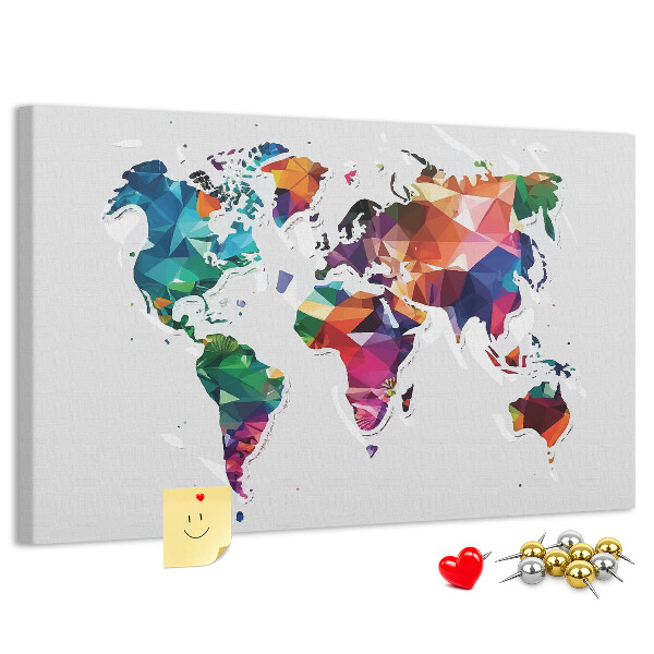 Tablero de corcho decorado mapamundi colorido con diseño geométrico