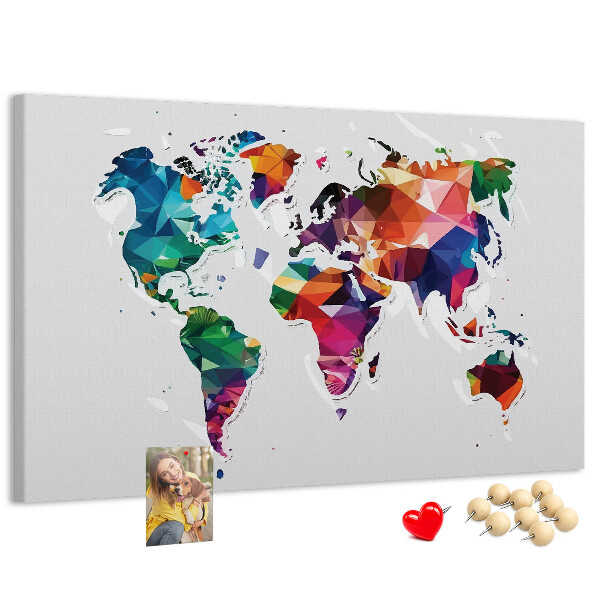 Tablero de corcho decorado mapamundi colorido con diseño geométrico