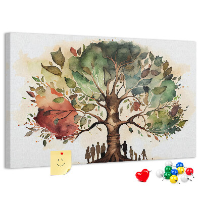 Tablero de corcho decorado El Árbol de la Vida con gente a la sombra.