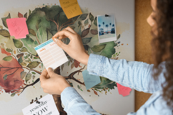Tablero de corcho decorativo con diseño del árbol de la vida y personas bajo la sombra