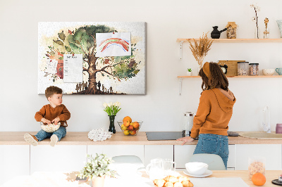 Tablero de corcho decorativo con diseño del árbol de la vida y personas bajo la sombra