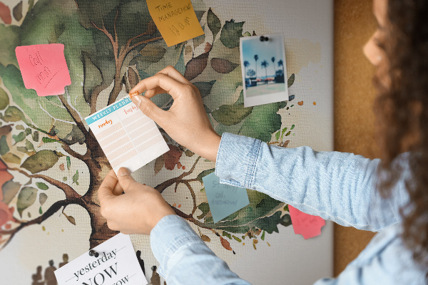 Tablero de corcho decorativo con diseño del árbol de la vida y personas bajo la sombra
