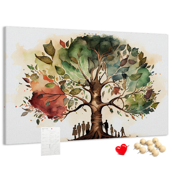 Tablero de corcho decorativo con diseño del árbol de la vida y personas bajo la sombra