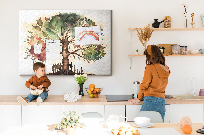 Tablero de corcho decorativo con diseño del árbol de la vida y personas bajo la sombra