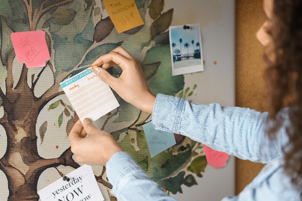 Tablero de corcho decorativo con diseño del árbol de la vida y personas bajo la sombra