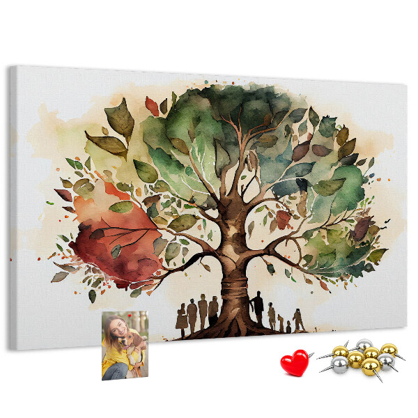 Tablero de corcho decorativo con diseño del árbol de la vida y personas bajo la sombra