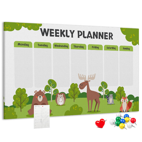 Tablero de anuncios planificador semanal infantil con diseño de animales del bosque