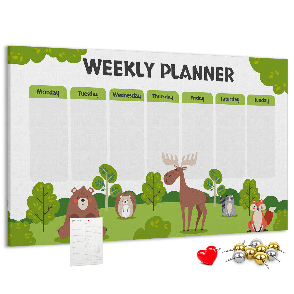 Tablero de anuncios planificador semanal infantil con diseño de animales del bosque