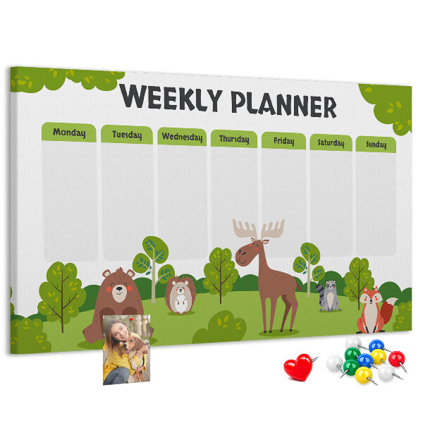 Tablero de anuncios planificador semanal infantil con diseño de animales del bosque