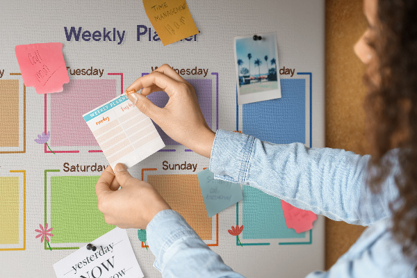 Pizarra de corcho calendario semanal con detalles florales