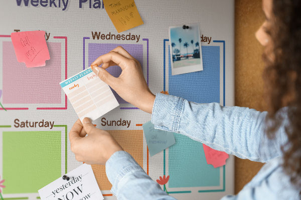 Pizarra de corcho calendario semanal con detalles florales