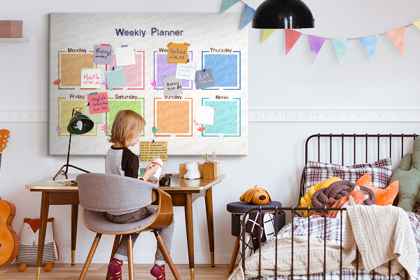 Pizarra de corcho calendario semanal con detalles florales