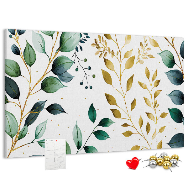 Tablero de corcho decorativo con diseño de hojas doradas sobre fondo claro