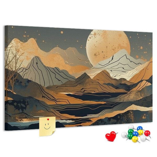Pizarra de corcho con estampado de paisaje montañoso y luna al fondo