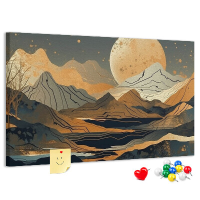 Pizarra de corcho Paisaje montañoso con la luna al fondo.