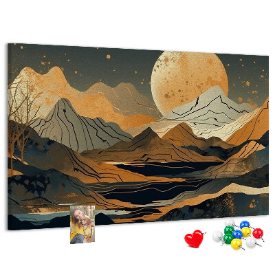 Pizarra de corcho con estampado de paisaje montañoso y luna al fondo