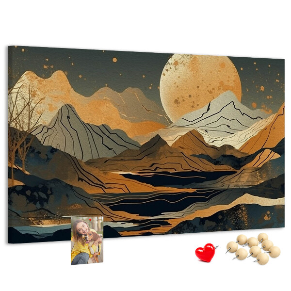 Pizarra de corcho con estampado de paisaje montañoso y luna al fondo