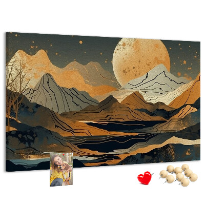 Pizarra de corcho con estampado de paisaje montañoso y luna al fondo