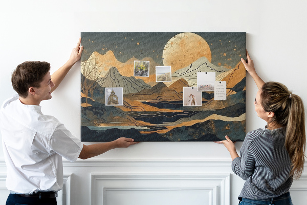 Pizarra de corcho con estampado de paisaje montañoso y luna al fondo
