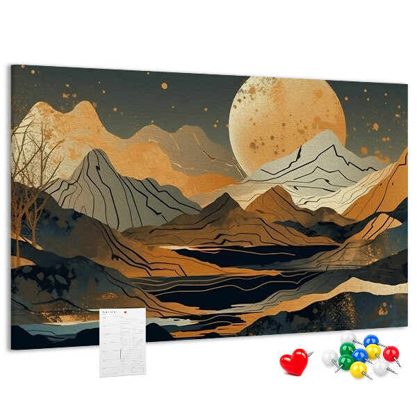 Pizarra de corcho con estampado de paisaje montañoso y luna al fondo