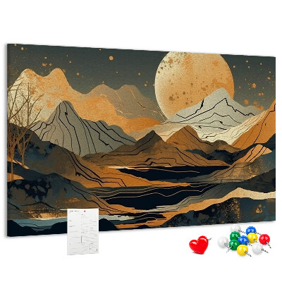 Pizarra de corcho con estampado de paisaje montañoso y luna al fondo