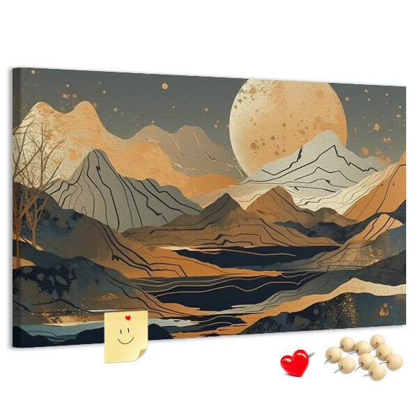Pizarra de corcho con estampado de paisaje montañoso y luna al fondo