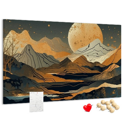 Pizarra de corcho con estampado de paisaje montañoso y luna al fondo