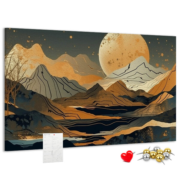 Pizarra de corcho con estampado de paisaje montañoso y luna al fondo