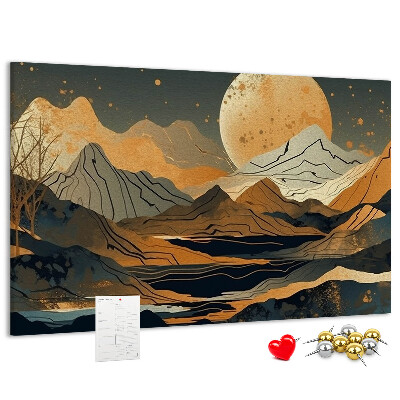 Pizarra de corcho con estampado de paisaje montañoso y luna al fondo
