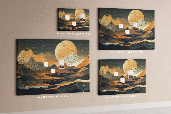 Pizarra de corcho con estampado de paisaje montañoso y luna al fondo