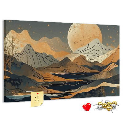 Pizarra de corcho con estampado de paisaje montañoso y luna al fondo