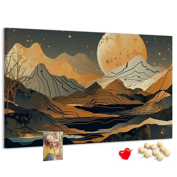 Pizarra de corcho con estampado de paisaje montañoso y luna al fondo