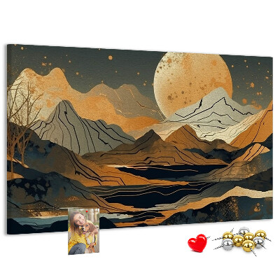 Pizarra de corcho con estampado de paisaje montañoso y luna al fondo