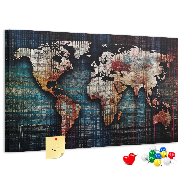 Pizarra de corcho con diseño de mapa del mundo en colores tierra