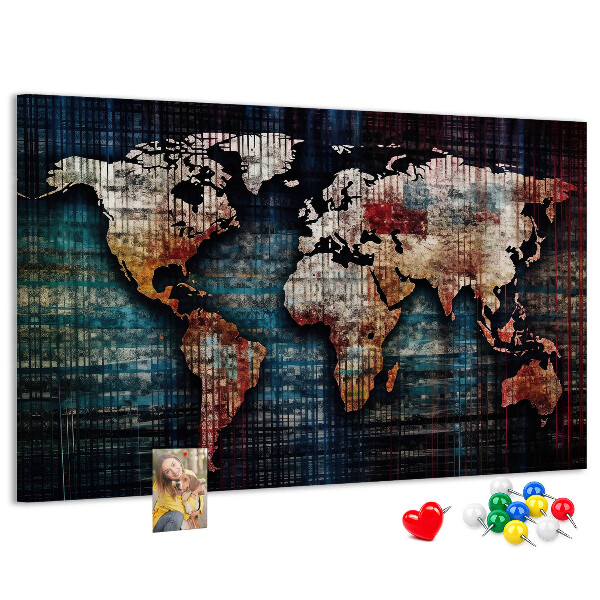 Pizarra de corcho con diseño de mapa del mundo en colores tierra