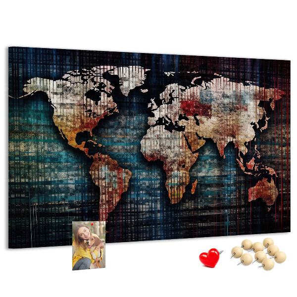 Pizarra de corcho con diseño de mapa del mundo en colores tierra