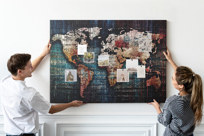 Pizarra de corcho con diseño de mapa del mundo en colores tierra