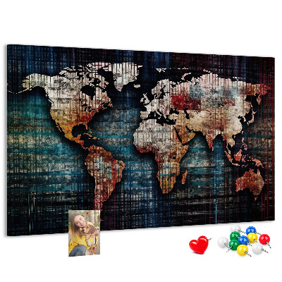Pizarra de corcho con diseño de mapa del mundo en colores tierra