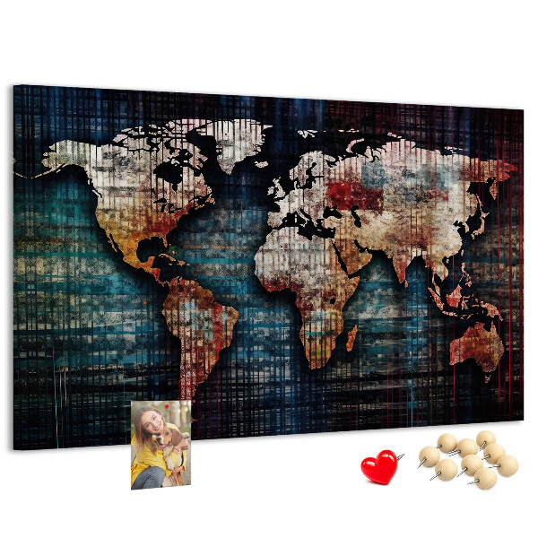 Pizarra de corcho con diseño de mapa del mundo en colores tierra