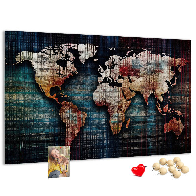 Pizarra de corcho con diseño de mapa del mundo en colores tierra