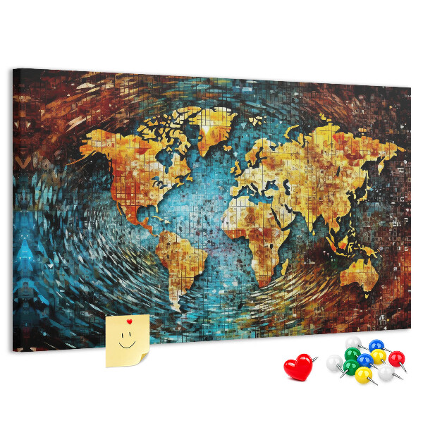 Tablero de corcho decorado mapa del mundo con diseño abstracto colorido