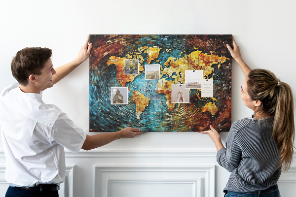 Tablero de corcho decorado mapa del mundo con diseño abstracto colorido
