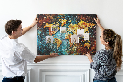 Tablero de corcho decorado mapa del mundo con diseño abstracto colorido