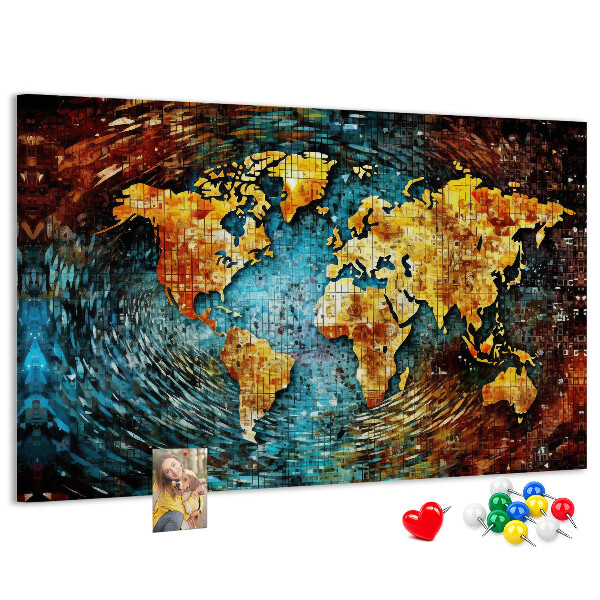 Tablero de corcho decorado mapa del mundo con diseño abstracto colorido
