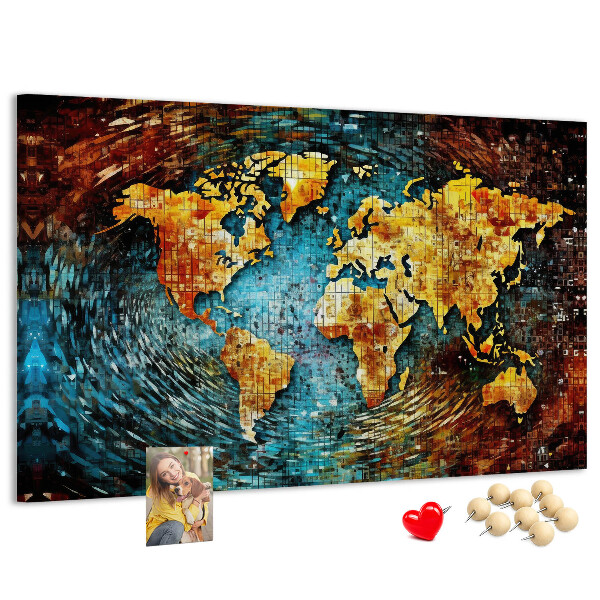 Tablero de corcho decorado mapa del mundo con diseño abstracto colorido