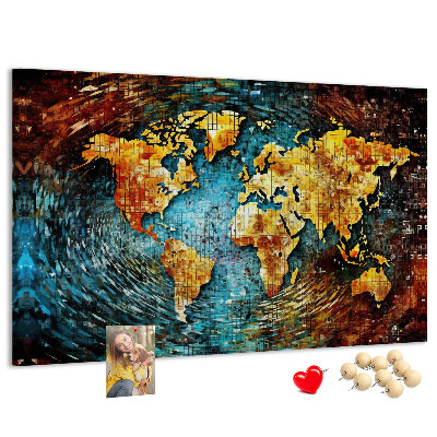 Tablero de corcho decorado mapa del mundo con diseño abstracto colorido