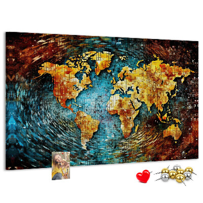 Tablero de corcho decorado mapa del mundo con diseño abstracto colorido