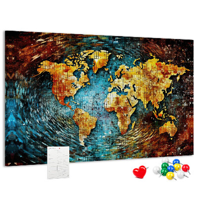 Tablero de corcho decorado mapa del mundo con diseño abstracto colorido