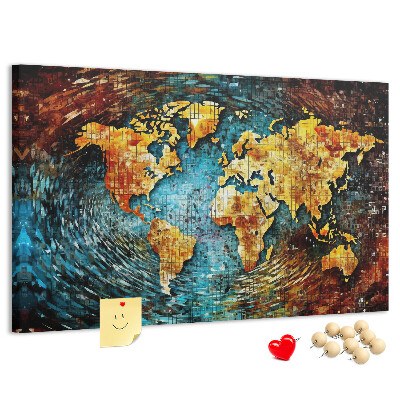 Tablero de corcho decorado mapa del mundo con diseño abstracto colorido