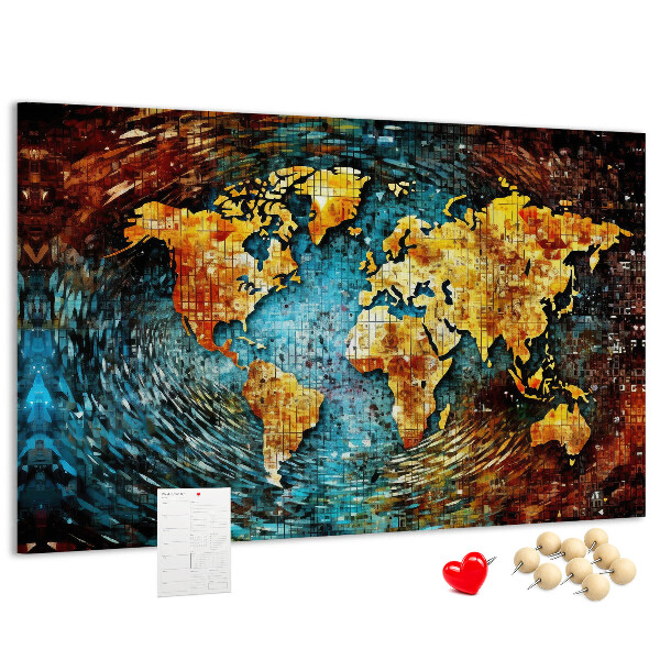 Tablero de corcho decorado mapa del mundo con diseño abstracto colorido